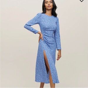 Reformation Freda Midi Dress Blue Floral Long Sleeve Ruched Size 6